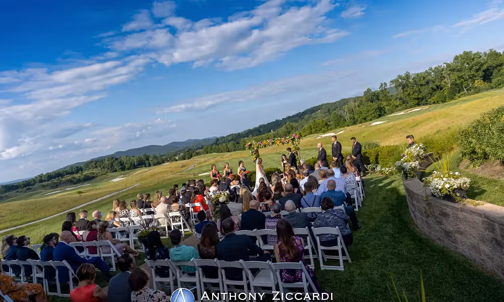 Ceremony in Ballyowen Wedding Garden with beautiful mountain vistas.