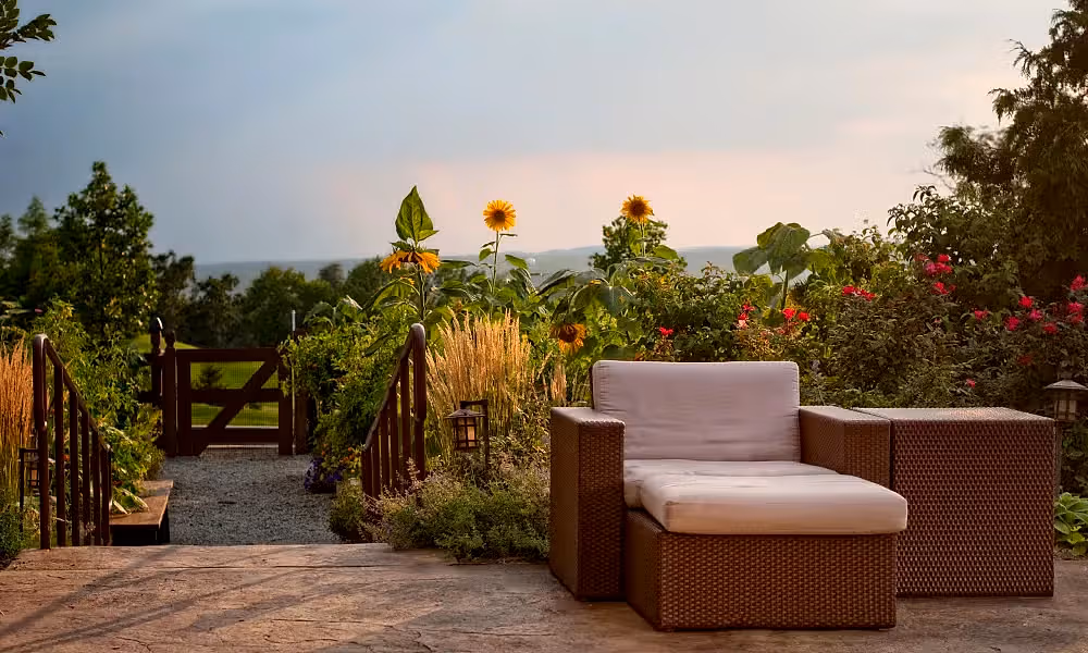 Lounge chair in the floral Chef's Garden at Crystal Springs Resort