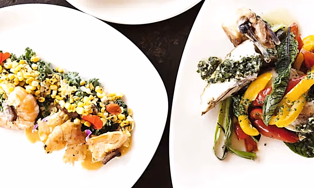 Array of plated food from chef's garden made with fresh veggies