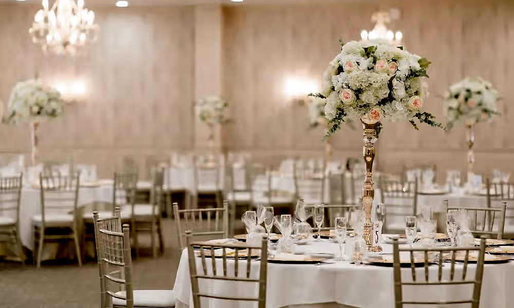 Beautiful ballroom decorated for classic wedding at Crystal Springs Resort