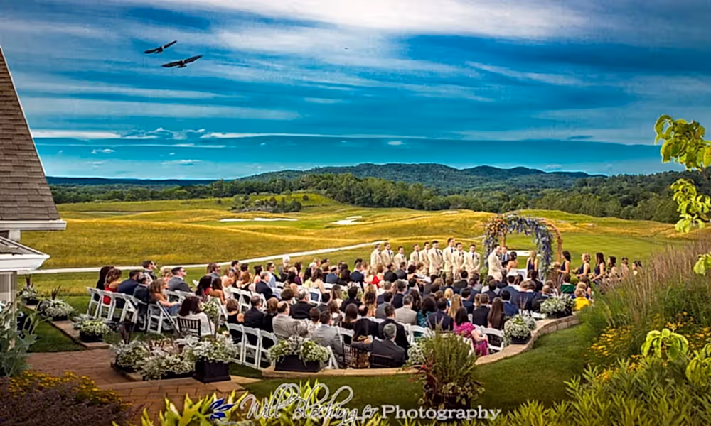 Wedding ceremony with scenic view at Ballyowen Golf Club at Crystal Springs Resort in NJ