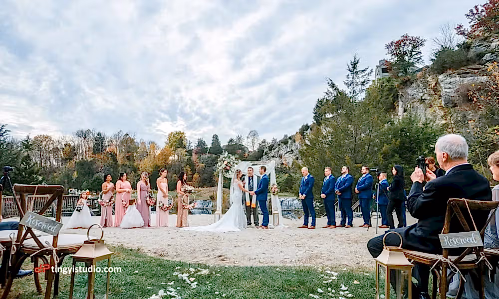 Bride and groom standing at alter with bridesmaids and groomsmen