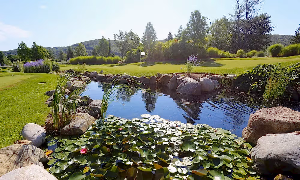 A water feature on the putting course at Grand Cascades Lodge