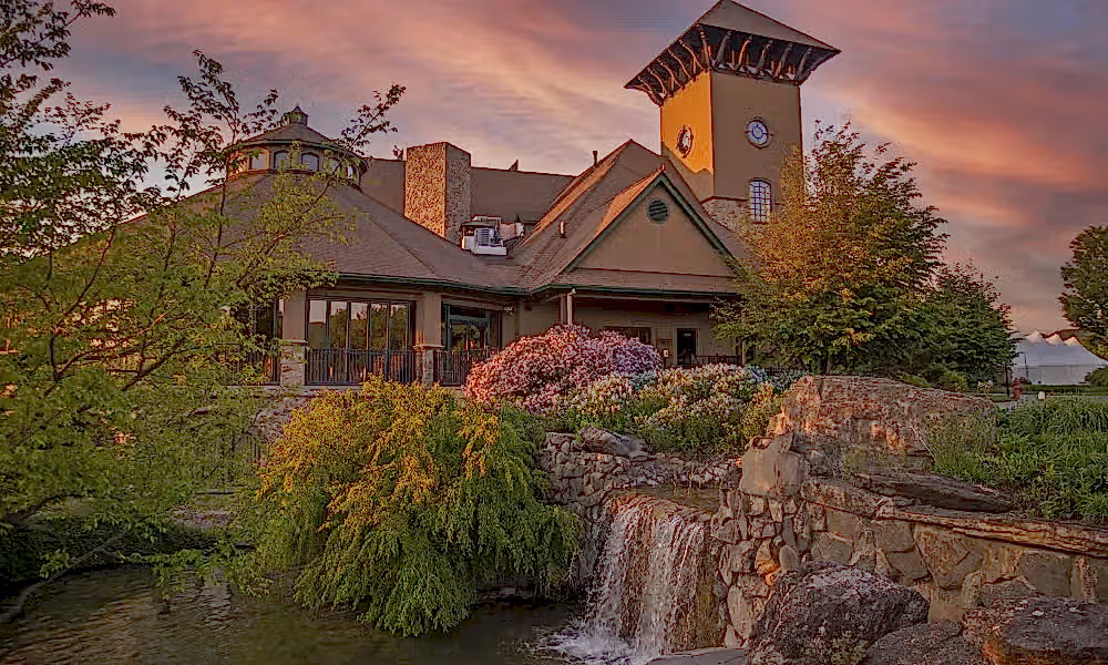 The Crystal Springs Clubhouse at sunset