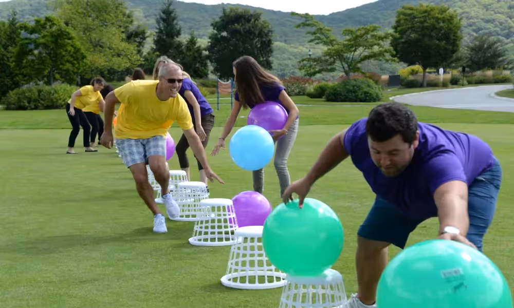 A group participating in a teambuilding activity at Crystal Springs Resort