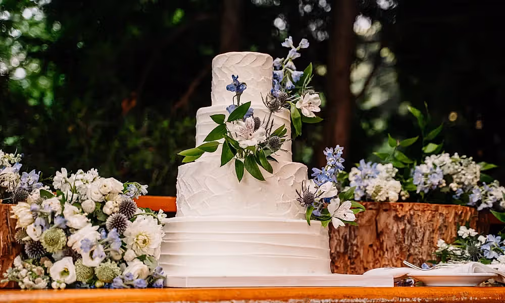 Wedding cake with blue and white flowers 