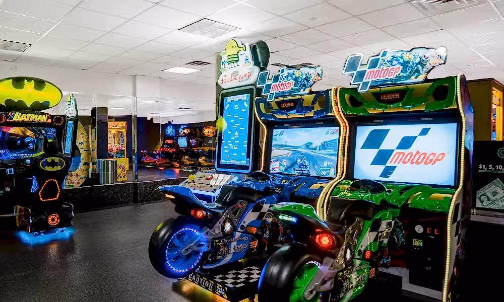 Motorcycle arcade games at Minerals Hotel.