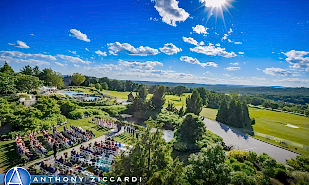 Overhead of wedding garden looking to the mountains in the distance