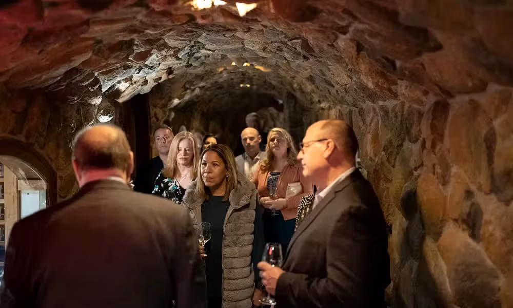 Group of people taking a wine cellar tour.