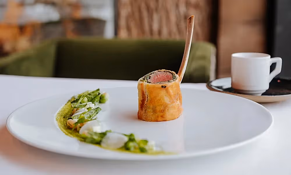 lamb wellington, kohlrabi, pea, prosciutto, pecorino