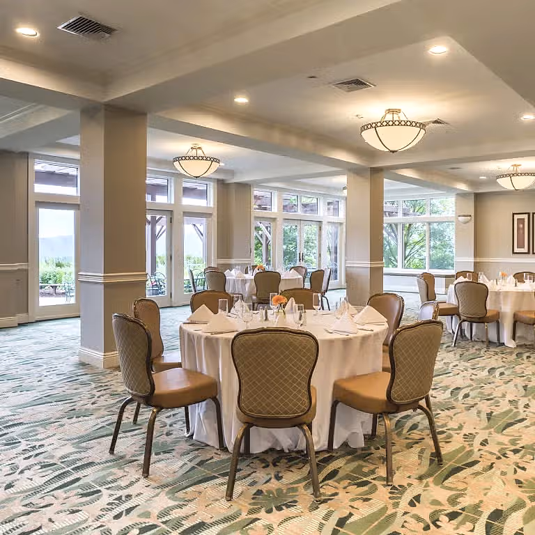 The Garden Room set up for a corporate meeting at Crystal Springs Resort