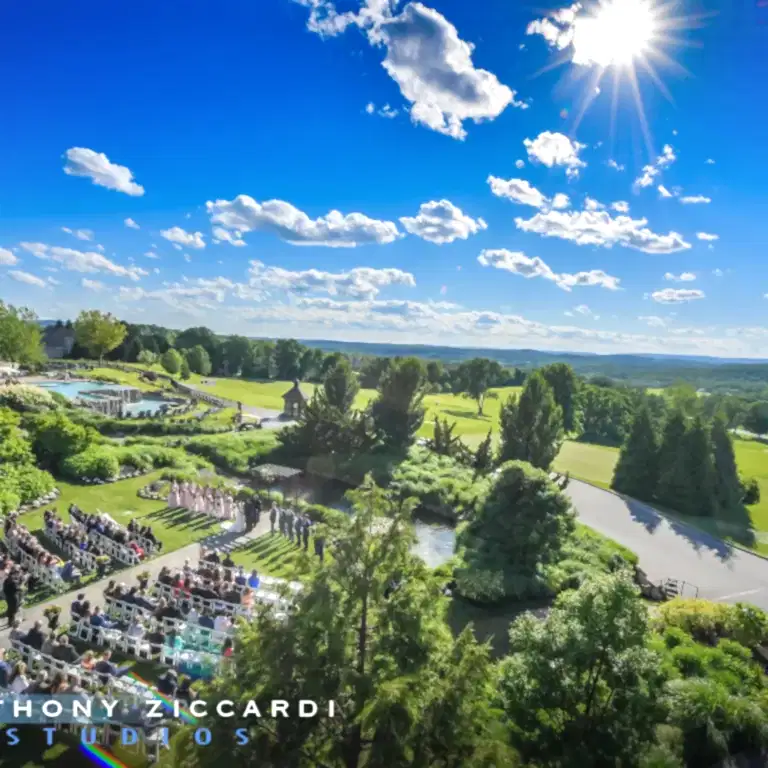 Overhead of wedding garden looking to the mountains in the distance