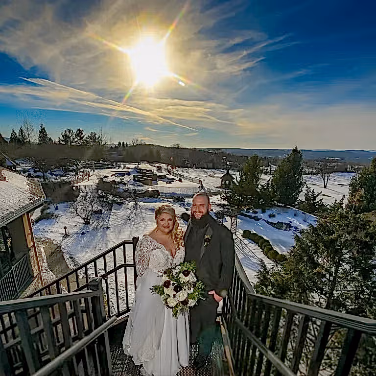 Bride and Groom from a winter wedding with a view of the valley from the Crystal Springs Clubhouse.